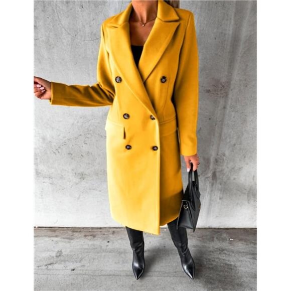 Womens Long Wool Coat Double Breasted Trench Coat Yellow - Picture 3 of 4